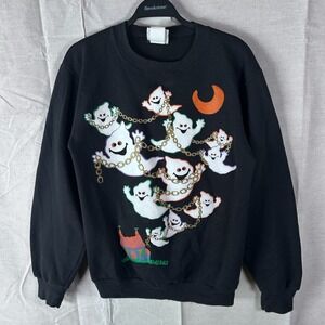 MBC Vintage Halloween Ghosts Gold Chain Crewneck Sweatshirt Black Mens Small